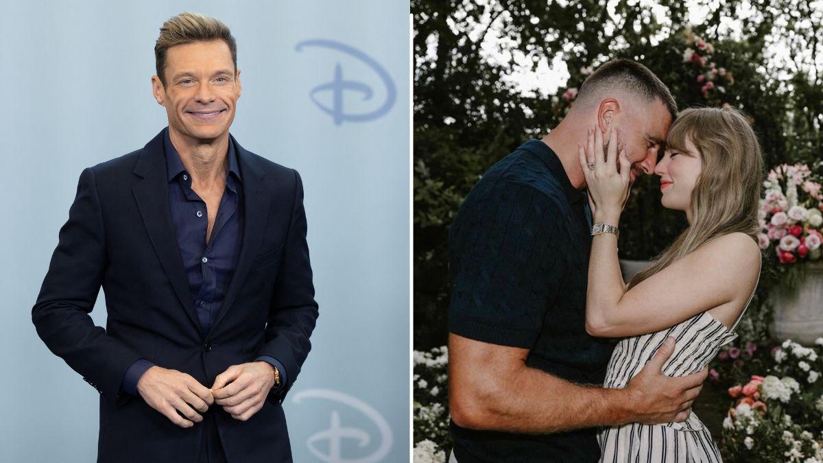 Split photo of Ryan Seacrest, Taylor Swift and Travis Kelce.