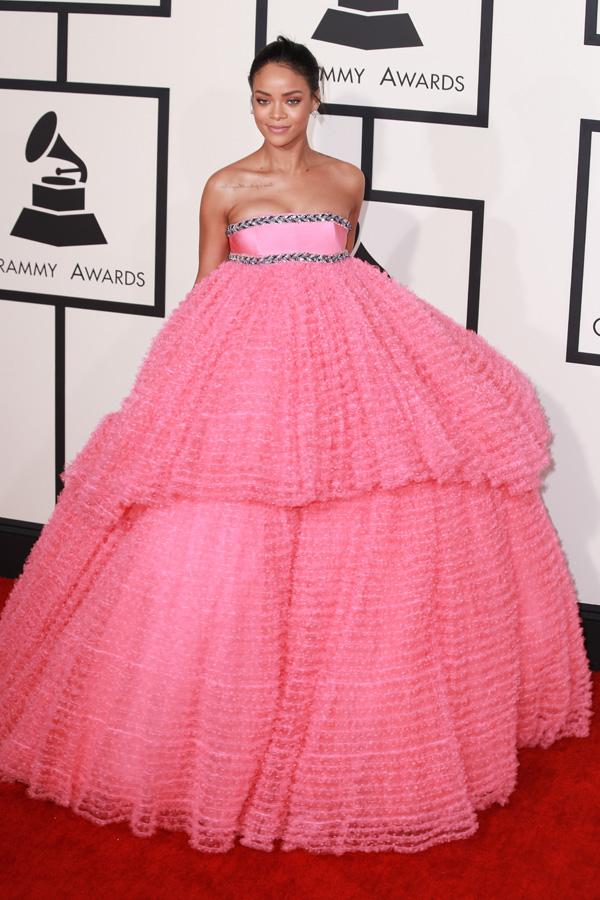 Rihanna looks like a princess wearing a humongous pink tulle dress by Giambattista Valli at the The 57th Annual GRAMMY Awards in Los Angeles, CA