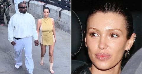 Photo of Kanye West with Bianca Censori and a close-up shot of Censori's face.