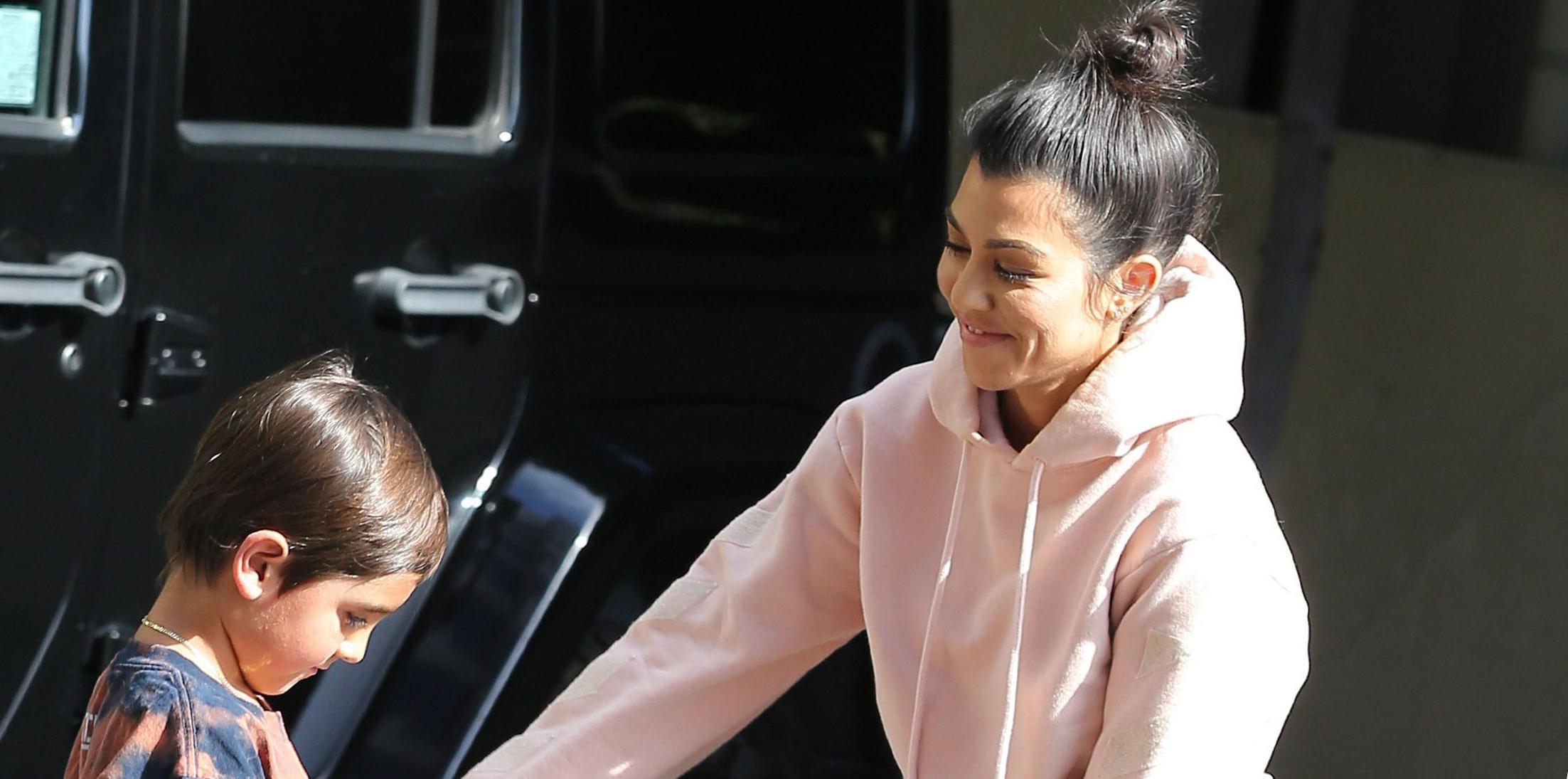 Kourtney Kardashian and son Mason arrive to his art class