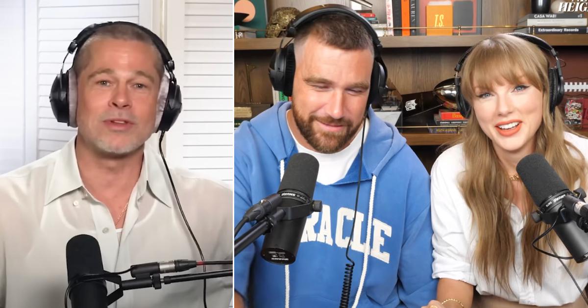 Photo of Brad Pitt; picture of Travis Kelce and Taylor Swift.