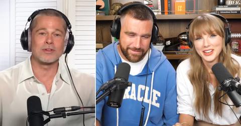 Photo of Brad Pitt; picture of Travis Kelce and Taylor Swift.