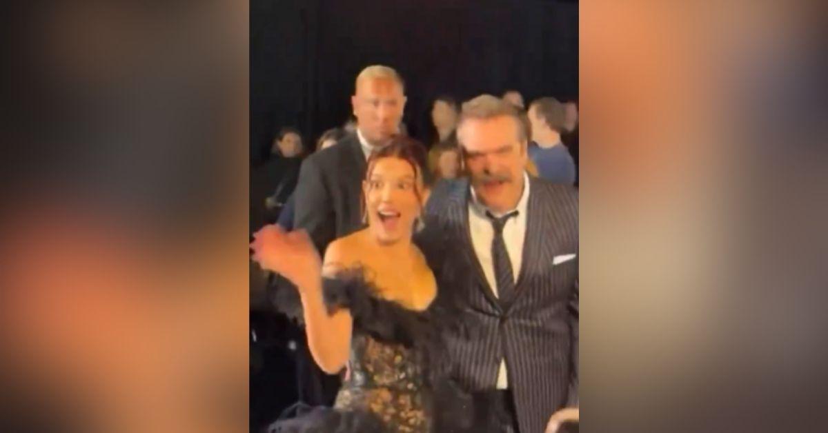 image of The two looked cheerful as they laughed, hugged and greeted fans on the red carpet.