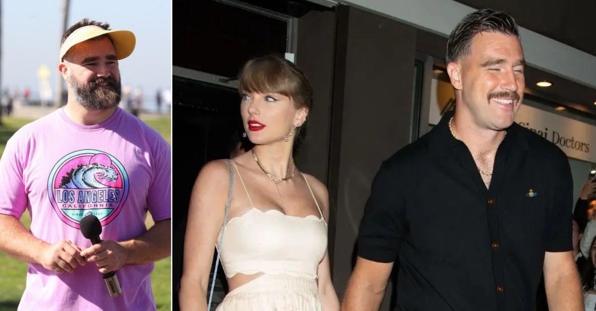 Photo of Jason Kelce, Taylor Swift and Travis Kelce. 