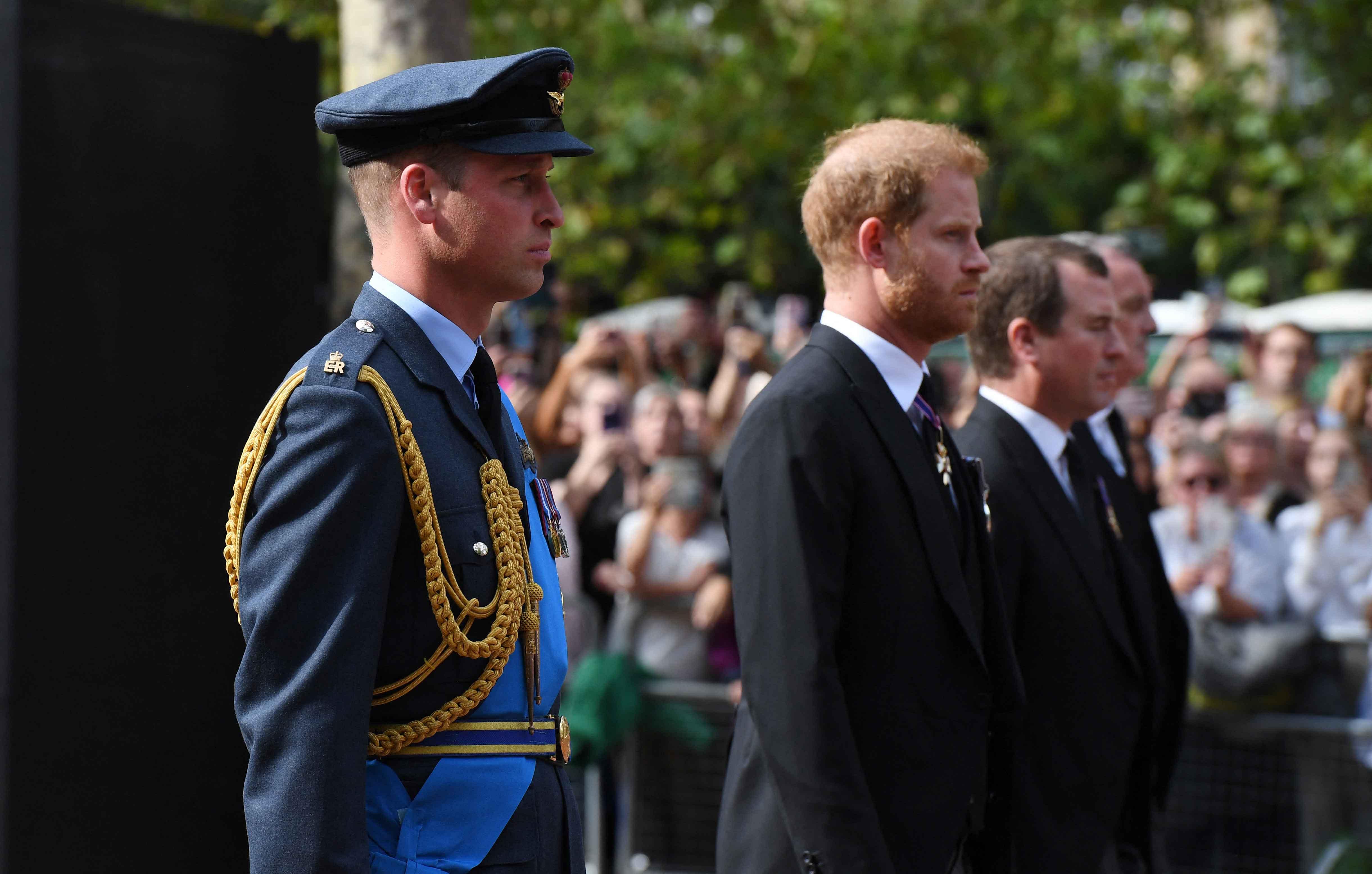 prince william prince harry walk side by side queen elizabeth iis coffin during procession