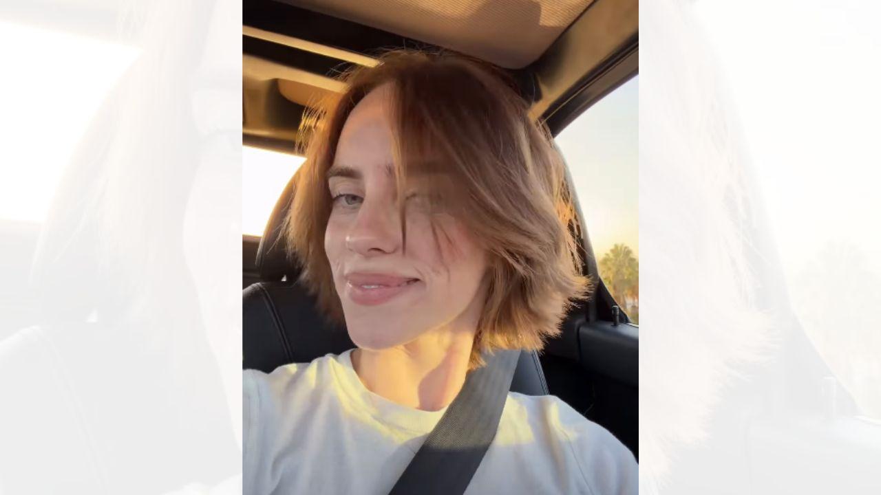 Image of Billie Eilish posed from her car for the quick video.