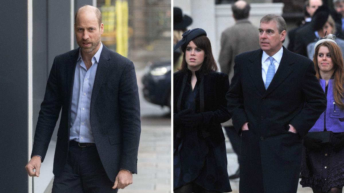 Split photo of Prince William, Ex-Prince Andrew, Princesses Eugenie and Beatrice.