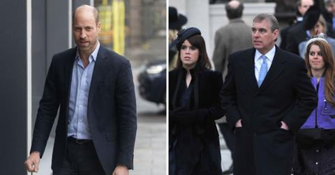 Split photo of Prince William, Ex-Prince Andrew, Princesses Eugenie and Beatrice.