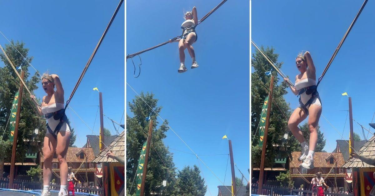 Cynthia Jade has a fright while bouncing on a trampoline.