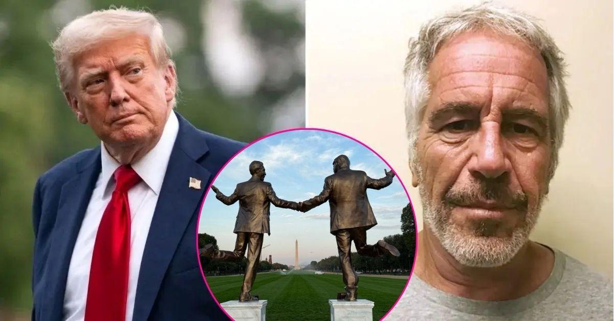 Composite photo of Donald Trump, Jeffrey Epstein and a statue of the former friends.