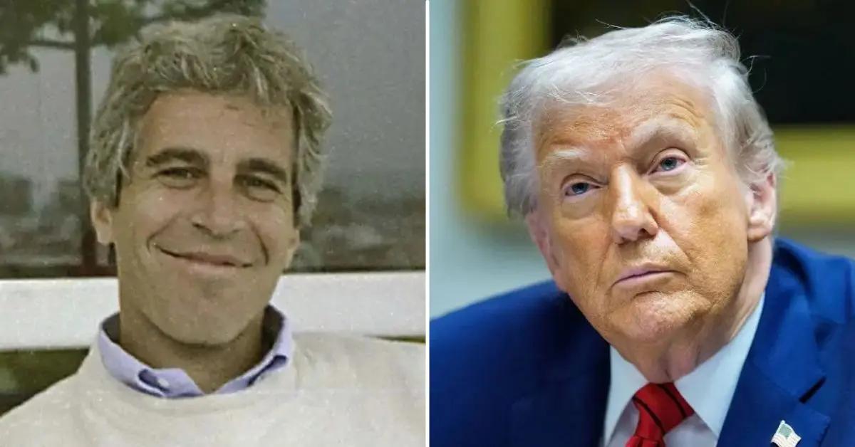Split photo of Jeffrey Epstein and Donald Trump.