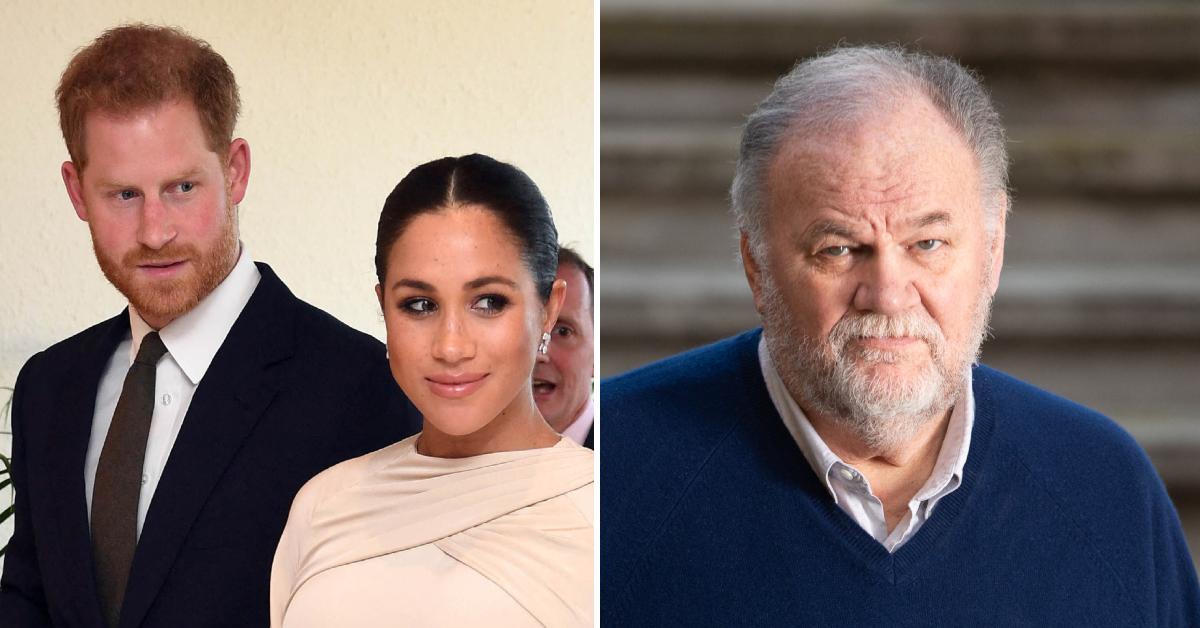 Split photo of Prince Harry, Meghan Markle and her dad, Thomas Markle.