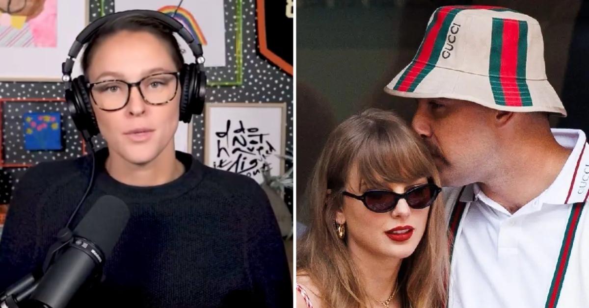 Photo of Kylie Kelce on her podcast and a picture of Taylor Swift with Travis Kelce