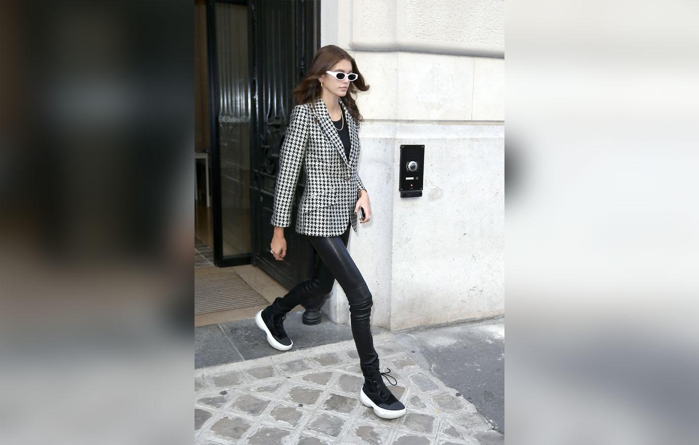 Kaia Gerber arrives at Chanel office during fashion week in Paris.