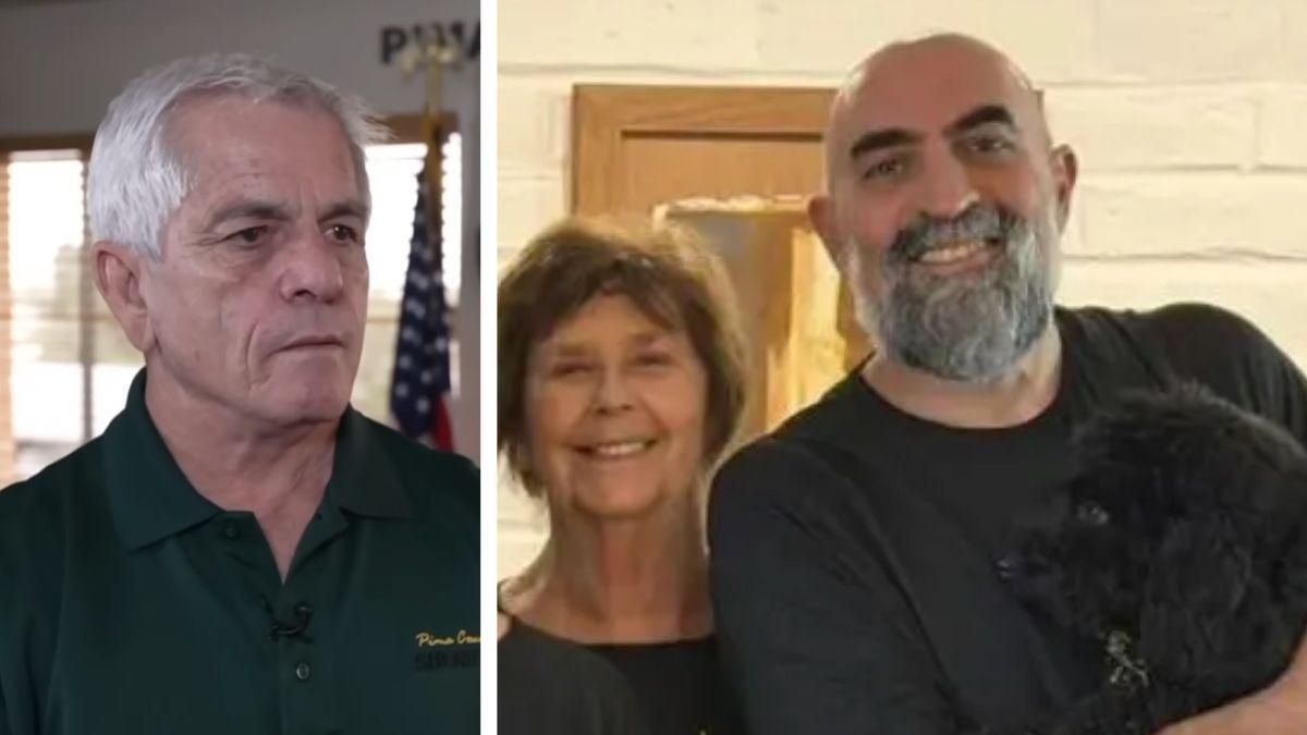 split image of nancy guthrie with son-in-law Tommaso Cioni and pima county sheriff chris nanos