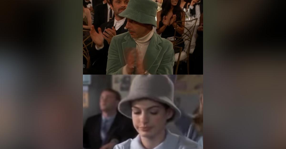 anne hathaway reacts jeremy strong copying princess diaries bucket hat golden globes