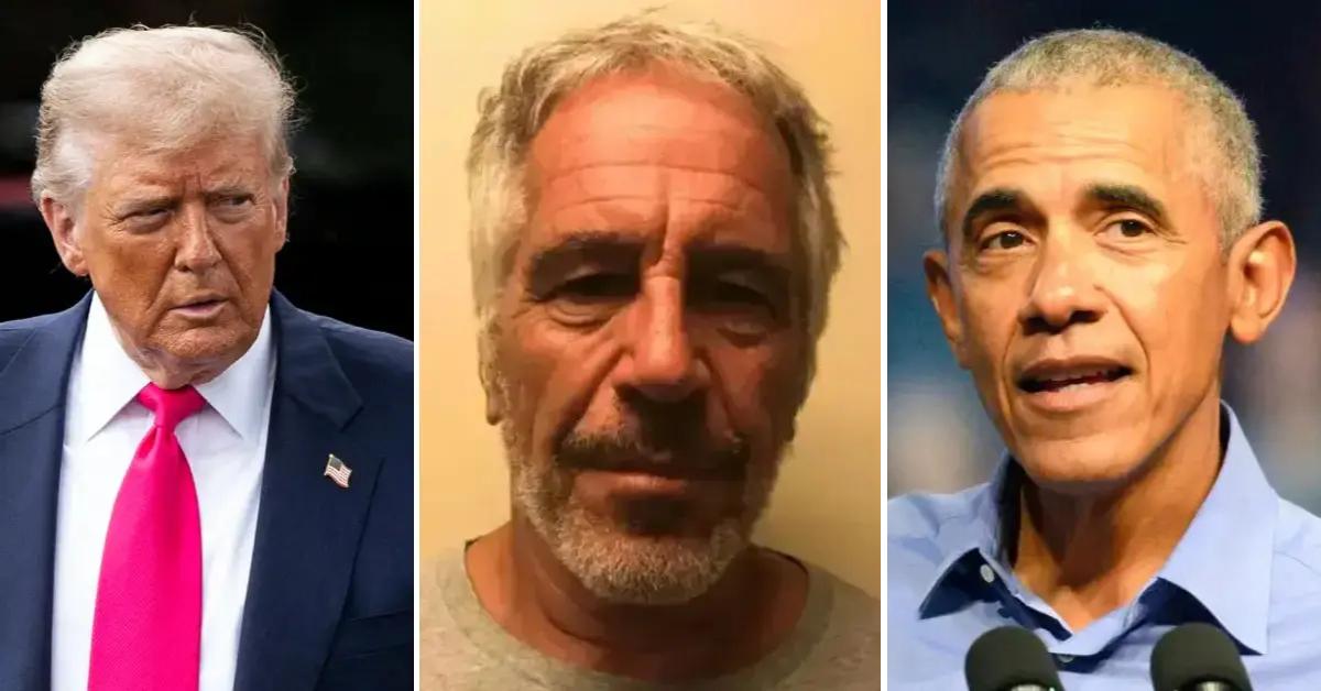 Photos of Donald Trump; Jeffrey Epstein and Barack Obama.