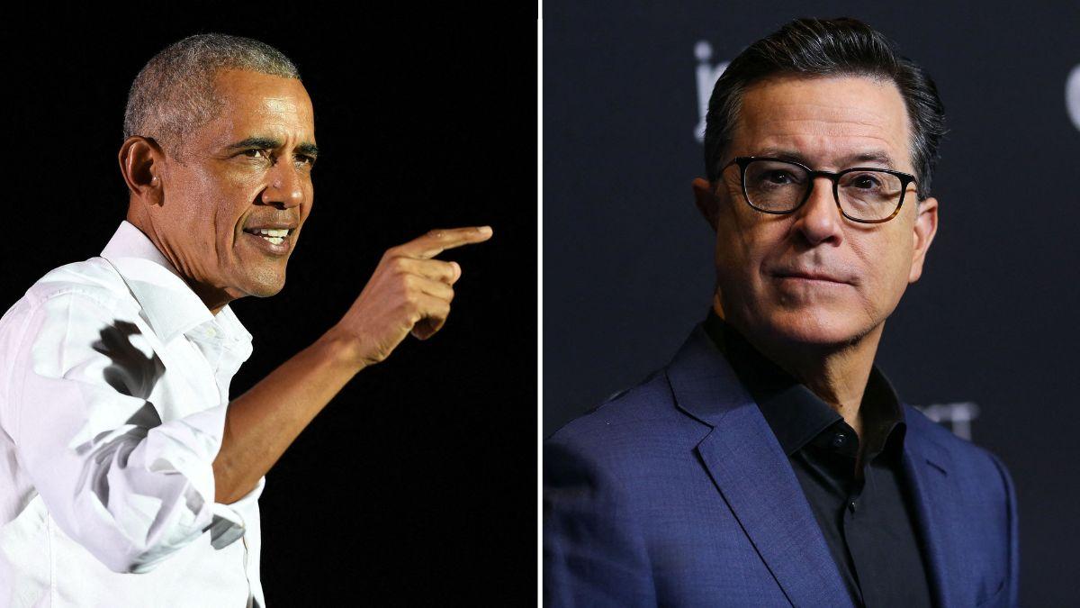 Split Image of Barack Obama and Stephen Colbert.