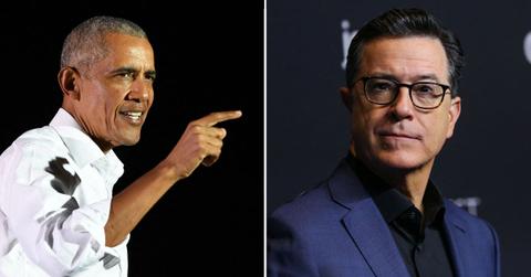 Split Image of Barack Obama and Stephen Colbert.