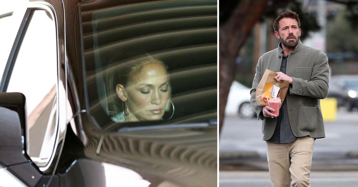 Photo of Jennifer Lopez in a car and a picture of Ben Affleck carrying food.