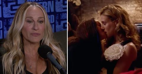Photo of Sarah Jessica Parker; screenshot of Parker kissing Alanis Morissette on 'SATC.'