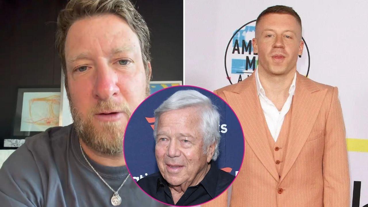 Split photo of Dave Portnoy & Macklemore & Robert Kraft