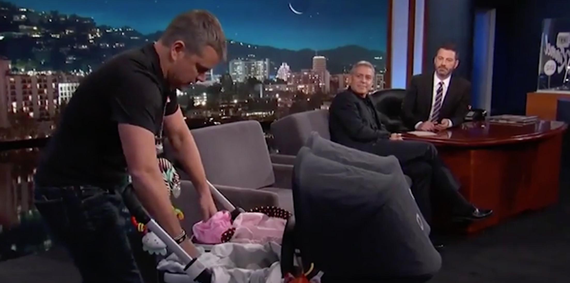 Matt damon crashes jimmy kimmel live with geoge clooney twins hero