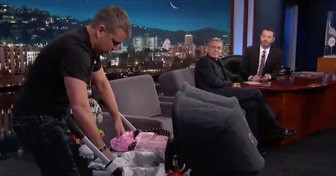 Matt damon crashes jimmy kimmel live with geoge clooney twins hero