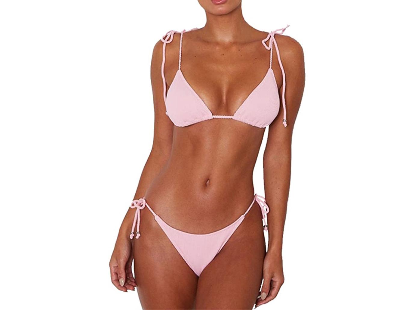 hailey bieber pink rock hard abs terry bikini body chain