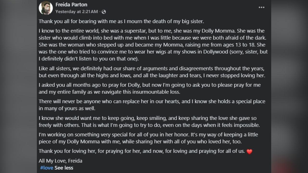 image of Freida Parton remembered her late sister Dolly Parton as more than a country music superstar, calling her a second mother.