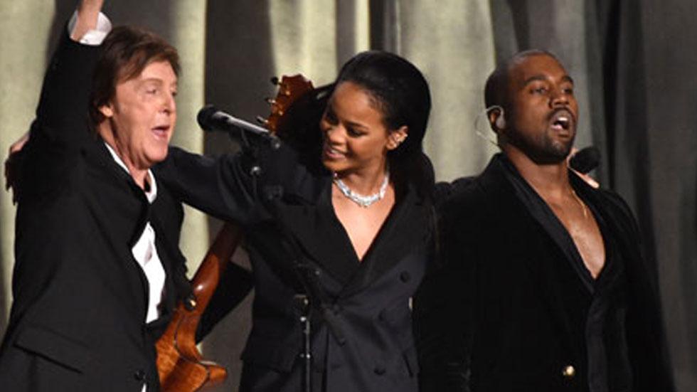 Rihanna paul mccartney kanye west performing at the 2015 grammy awards