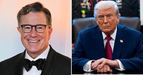 split photo of Stephen Colbert & Donald Trump
