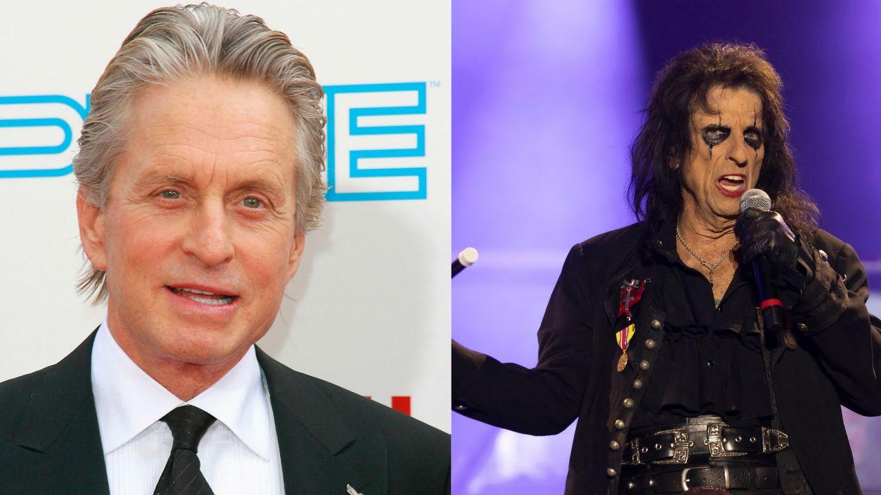 Split image of Michael Douglas and Alice Cooper.