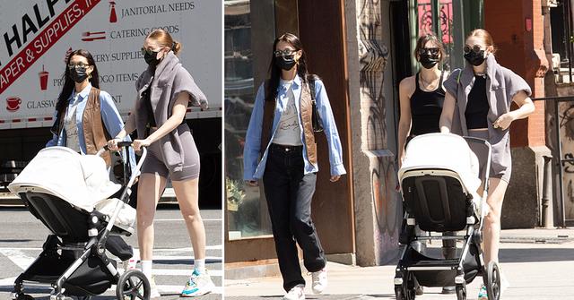 gigi hadid and bella hadid take baby khai for a walk