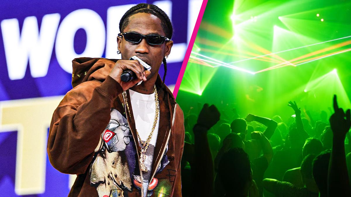Composite photo of Travis Scott and nightclub.
