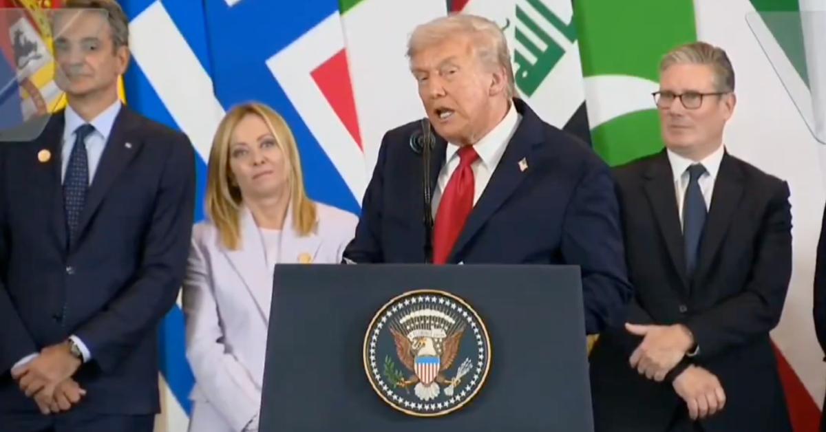 Image of Donald Trump called Italian Prime Minister Giorgia Meloni 'beautiful' while speaking at the Gaza peace summit.