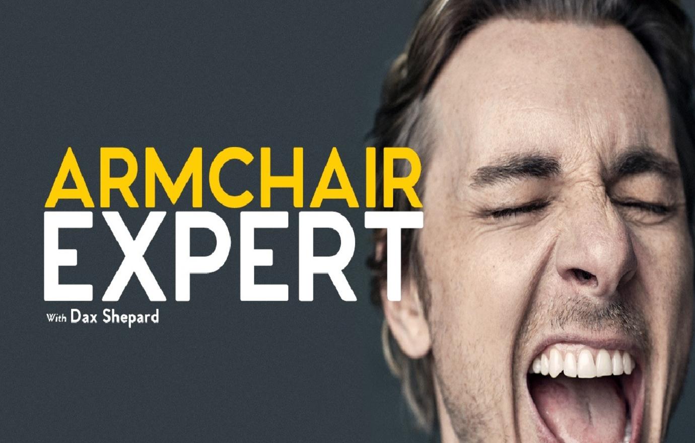 Star Dax Shepard lets out a scream in a promo image for his podcast, Armchair Expert with Dax Shepard.