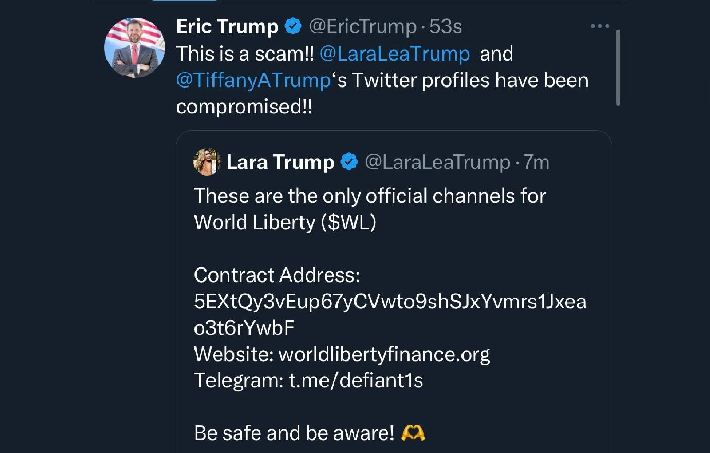 eric trump mocked lara tiffany accounts hacked crypto scams