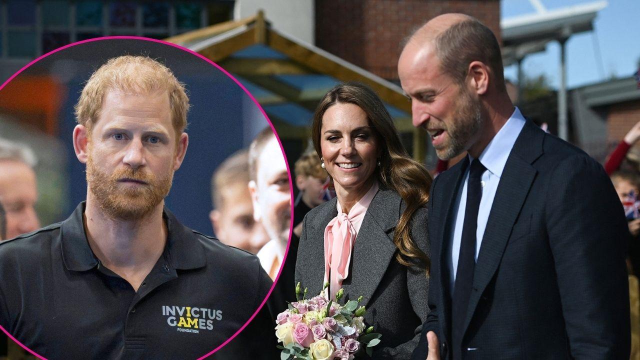 Composite photo of Prince Harry, Kate Middleton and Prince William.