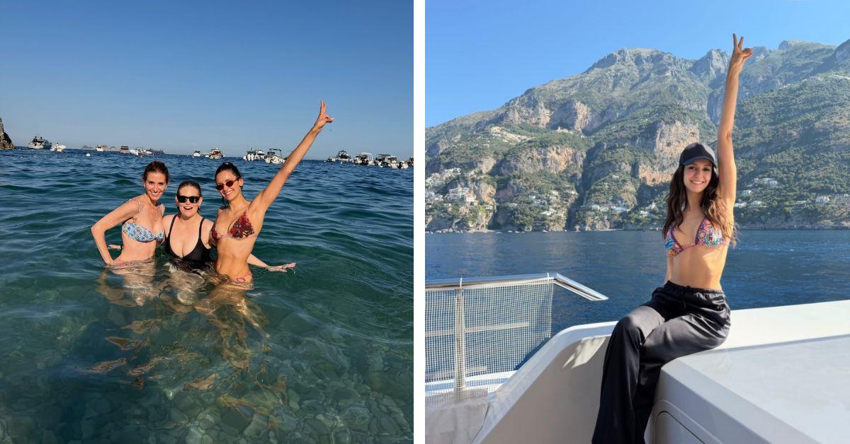 image of Nina Dobrev showcased several stylish bikinis while relaxing on the water.
