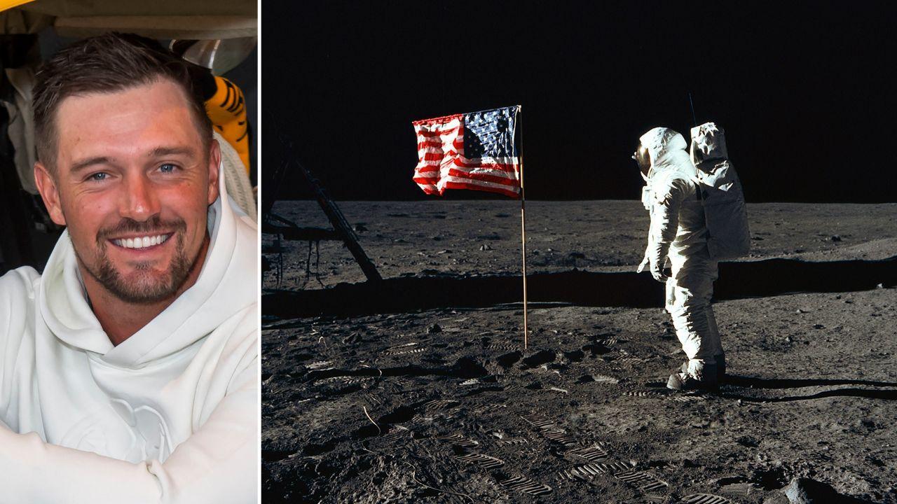 Photo of Bryson DeChambeau and an astronaut on the moon.