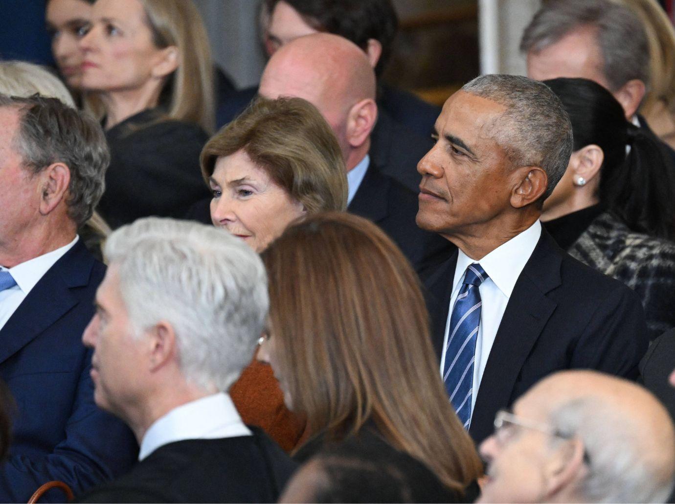 Photo of George Bush, Laura Bush and Barack Obama