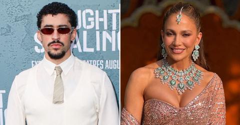 split image of Bad Bunny and Jennifer Lopez