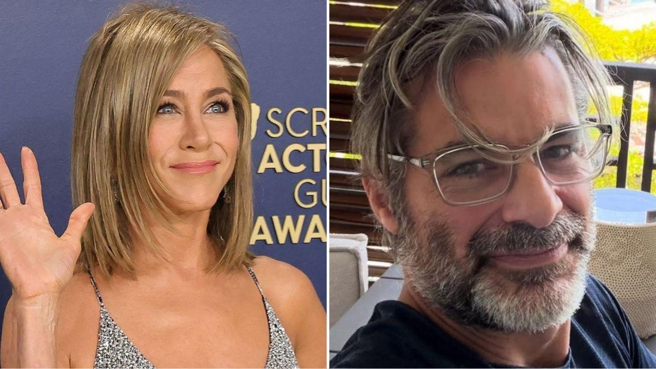 Split photo of Jennifer Aniston and Jim Curtis