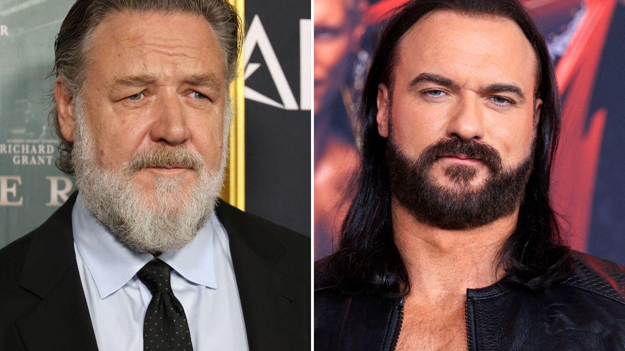 Split photo of Russell Crowe and Drew McIntyre