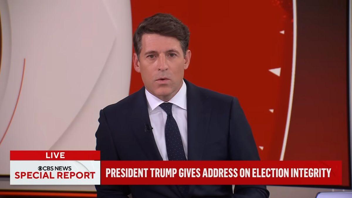 Image of CBS aired part of the speech before cutting away for fact-checking.