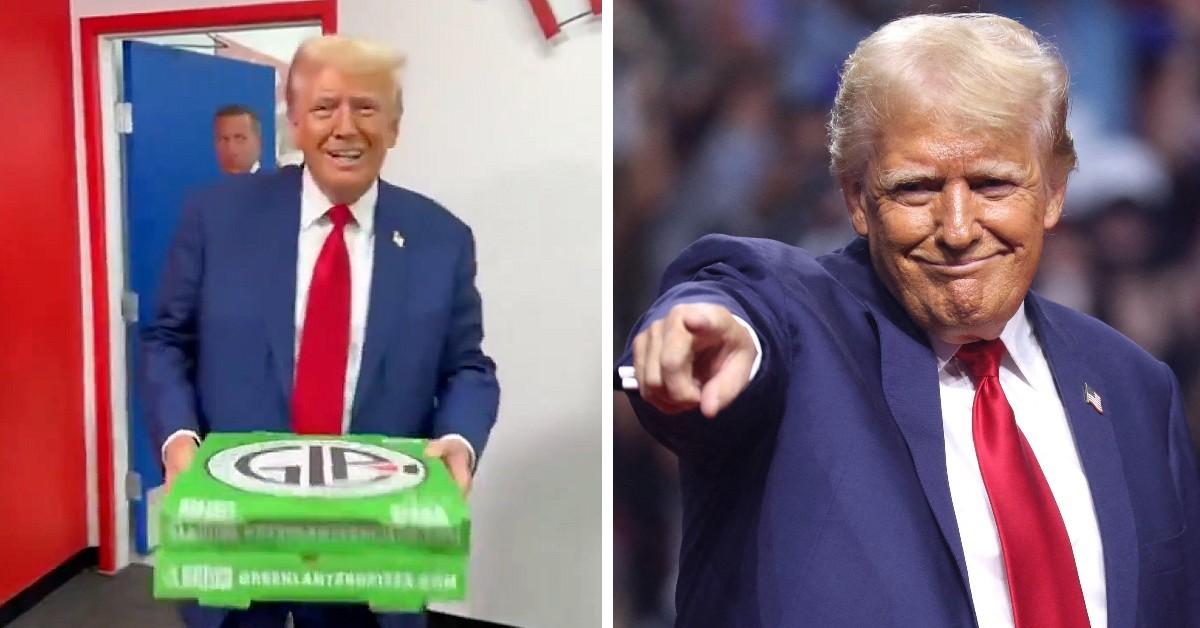 Photos of Donald Trump and pizzas boxes.