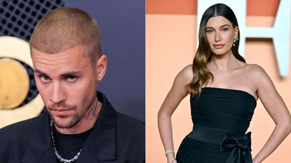 Split photo of Justin and Hailey Bieber