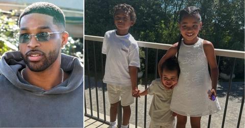 Composite photo of Tristan Thompson and kids True, Tatum and Prince.