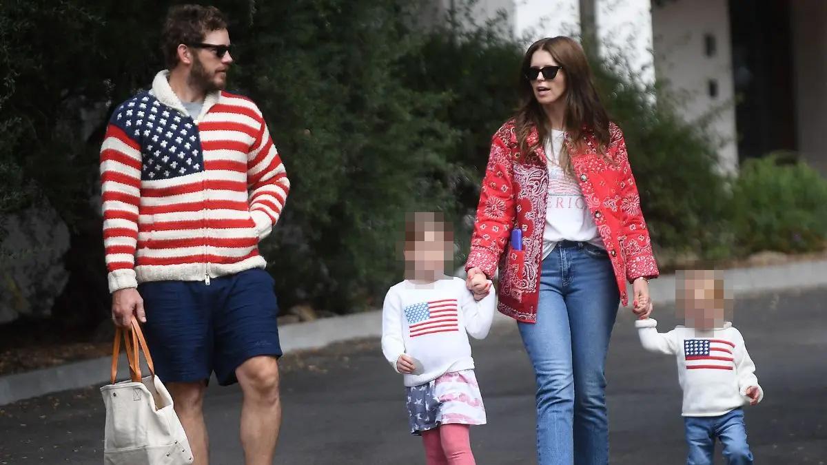 Image of Katherine Schwarzenegger and Chris Pratt dressed their children in American colors to join the festivities.